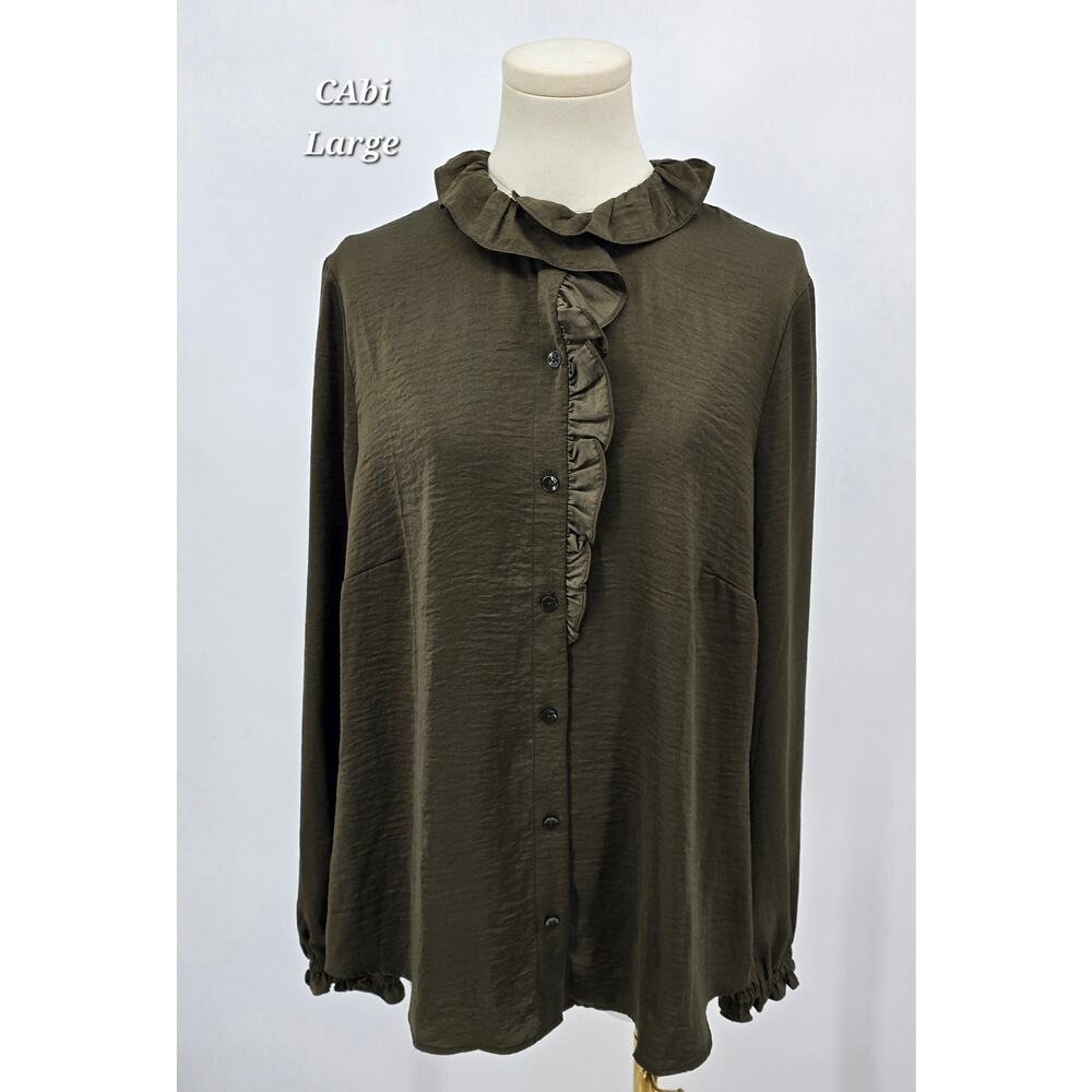 Cabi Icon Blouse Style 4167 Large Ruffle‎ Front Wren Brown Earthy Minimalist